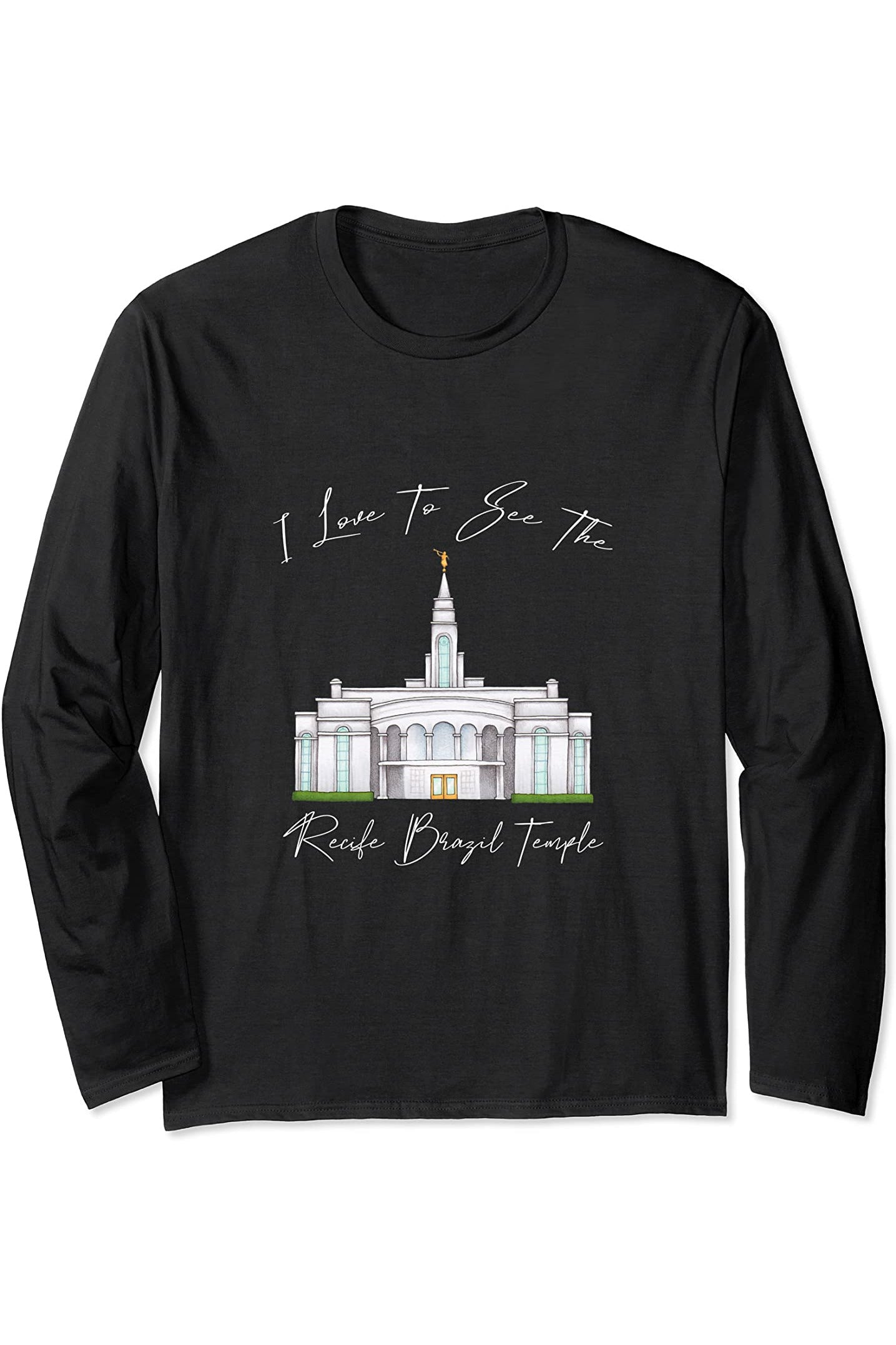 Recife Brazil Temple Long Sleeve T-Shirt - Calligraphy Style (English) US