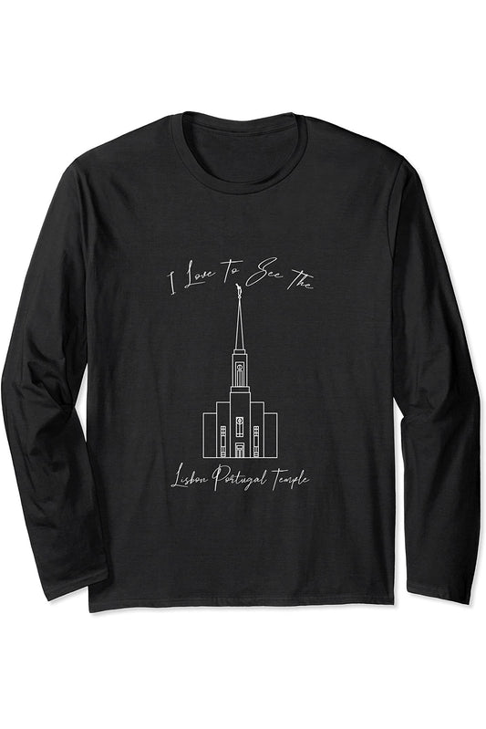 Lisbon Portugal Temple Long Sleeve T-Shirt - Calligraphy Style (English) US