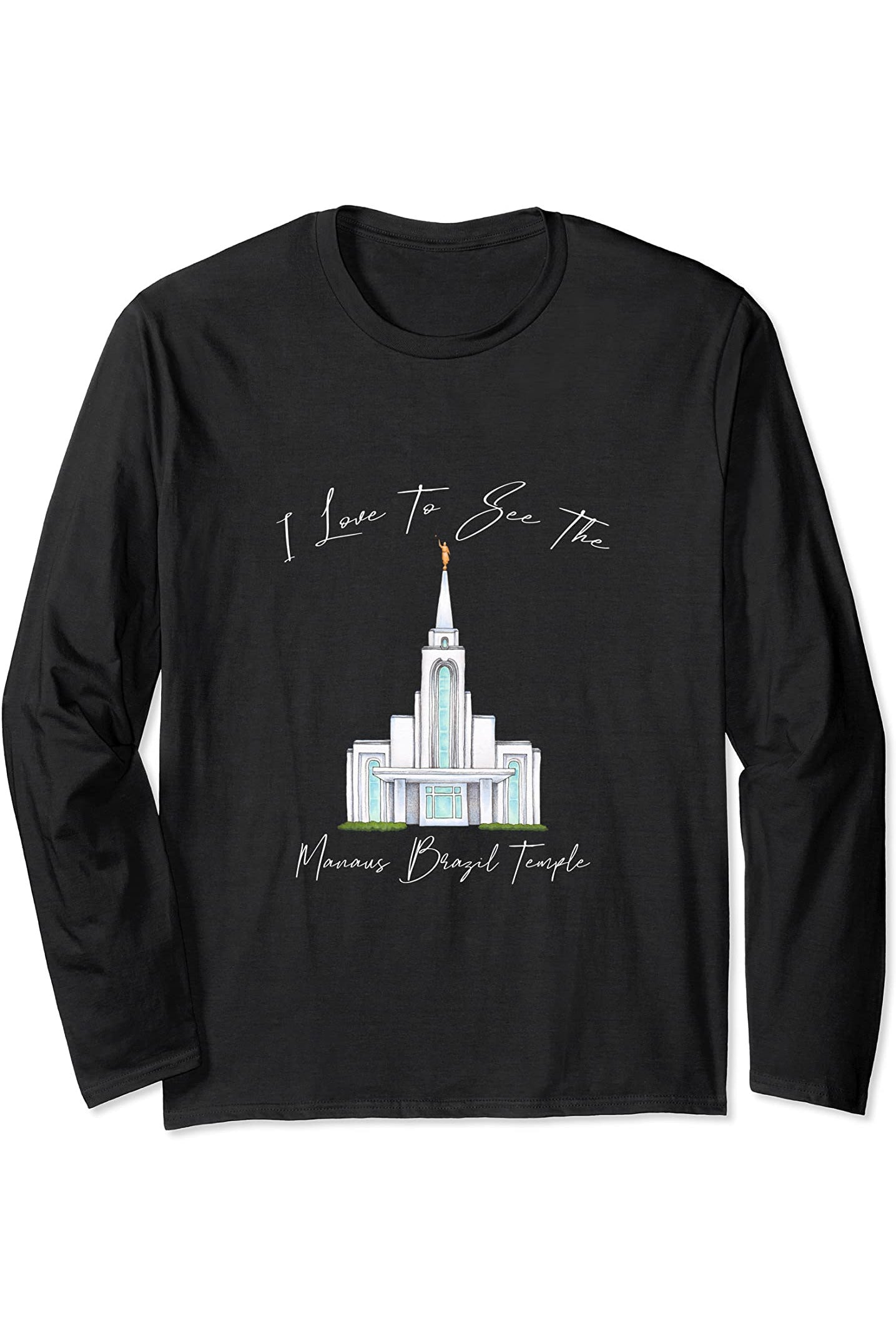 Manaus Brazil Temple Long Sleeve T-Shirt - Calligraphy Style (English) US