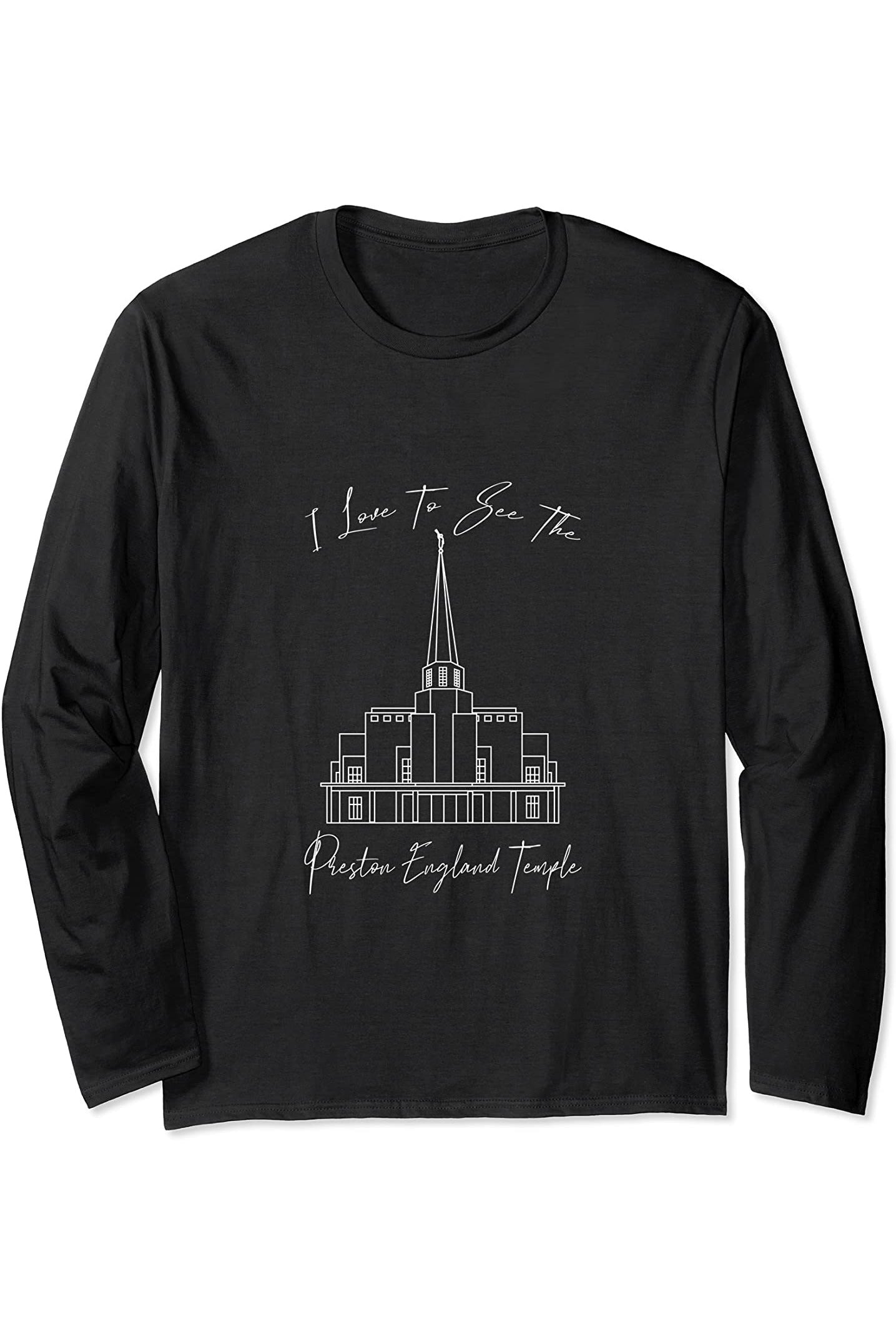 Preston England Temple Long Sleeve T-Shirt - Calligraphy Style (English) US