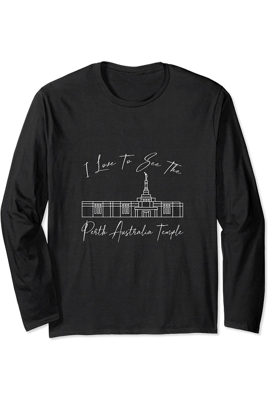 Perth Australia Temple Long Sleeve T-Shirt - Calligraphy Style (English) US